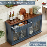 Joaxswe Farmhouse Sideboard Buffet Cabinet with Storage,59" Large Credenza with 4 Glass Doors & 2 Drawers,Adjustable Shelves Console Table,Wood Kitchen Coffee Bar for Dining Room,Living Room,Navy Blue Joaxswe