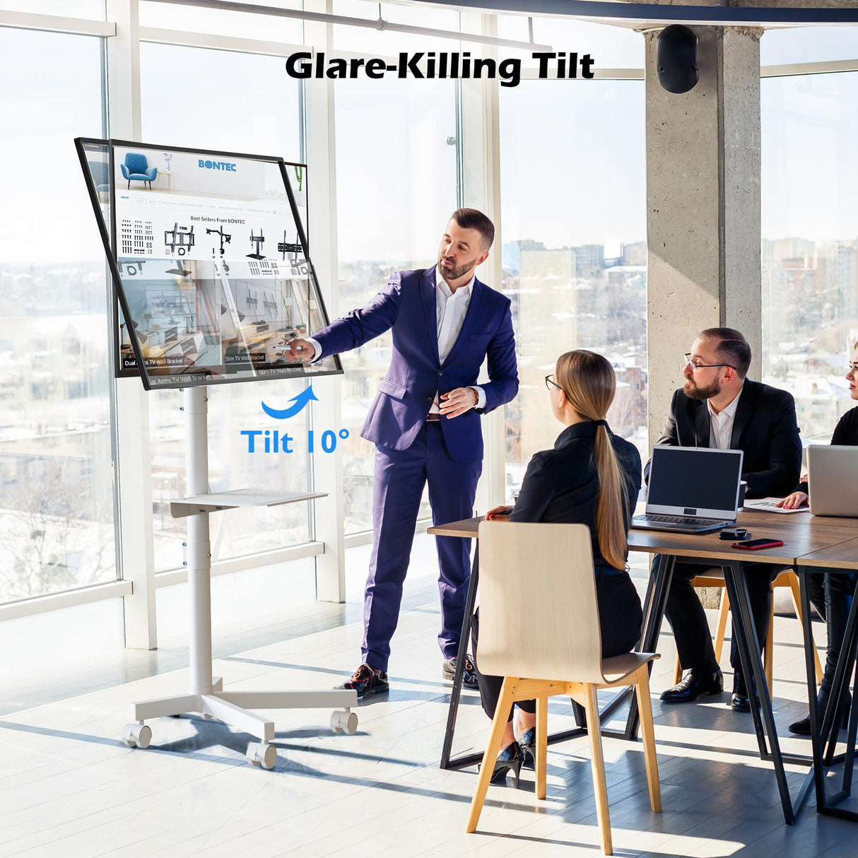 BONTEC Mobile TV Stand, Tilt Rolling TV Cart with Media Shelf and Locking Wheels, Fits 23-60” LED, LCD, OLED Flat Curved TVs, Holds Up to 88lbs, Max VESA 400x400mm, White BONTEC