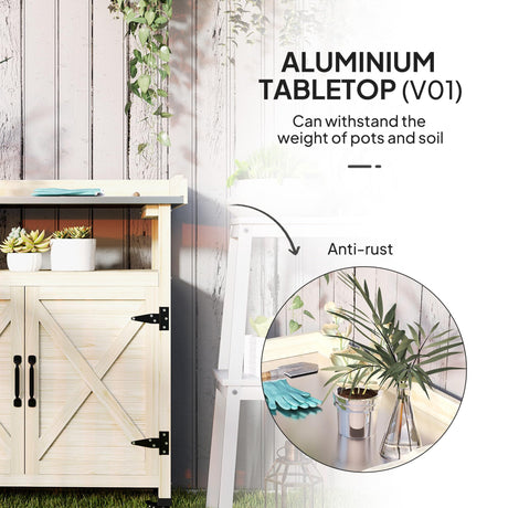 Outsunny Outdoor Wooden Potting Bench Table, Garden Workstation with Storage Cabinet, Aluminum Table Top, Rubber Wheels for Backyard, Patio, Balcony, Natural Wood Outsunny