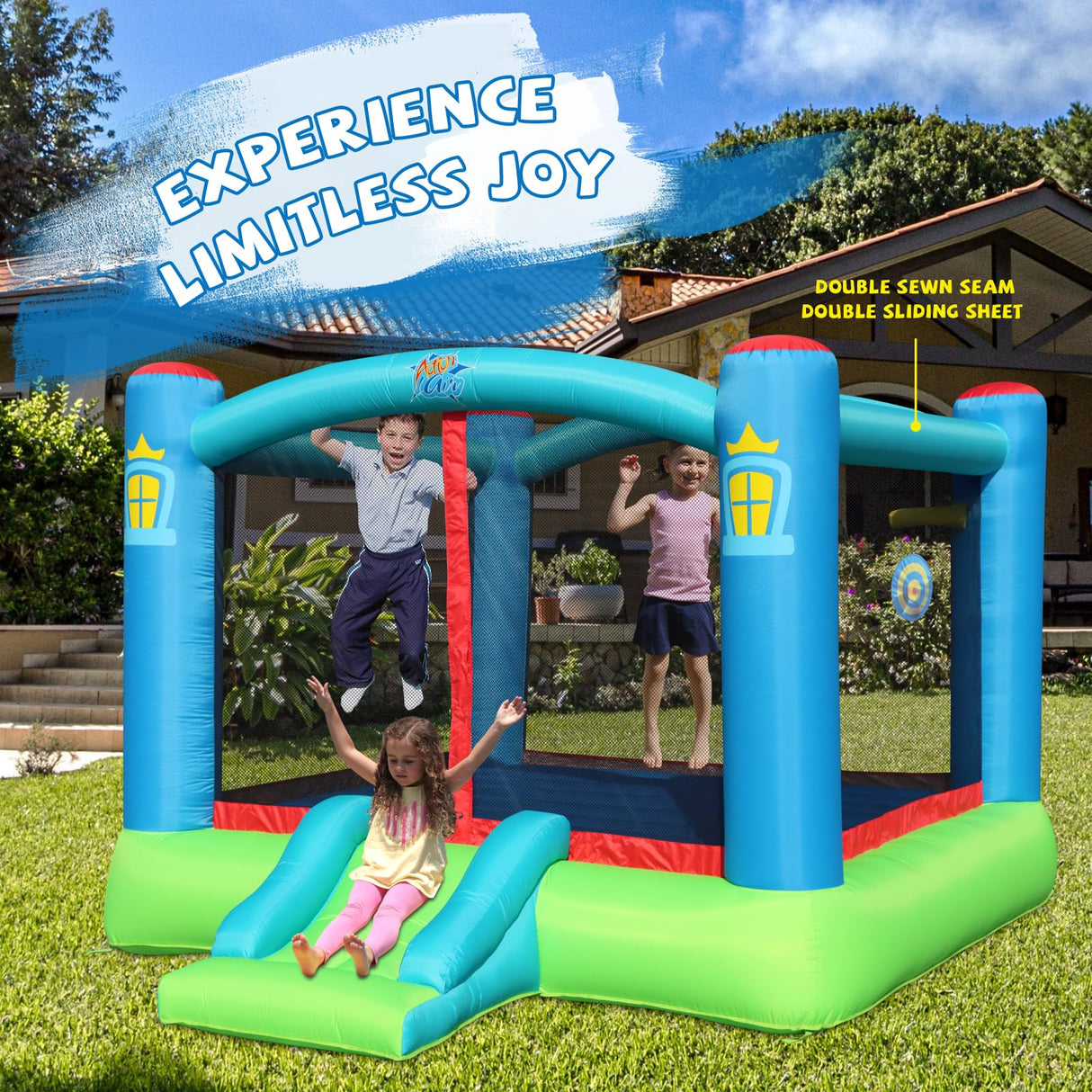Action Air Bounce House, Outdoor Inflatable Bouncer with Blower, Large Jumping Area Bouncy Castle for Kids Action air