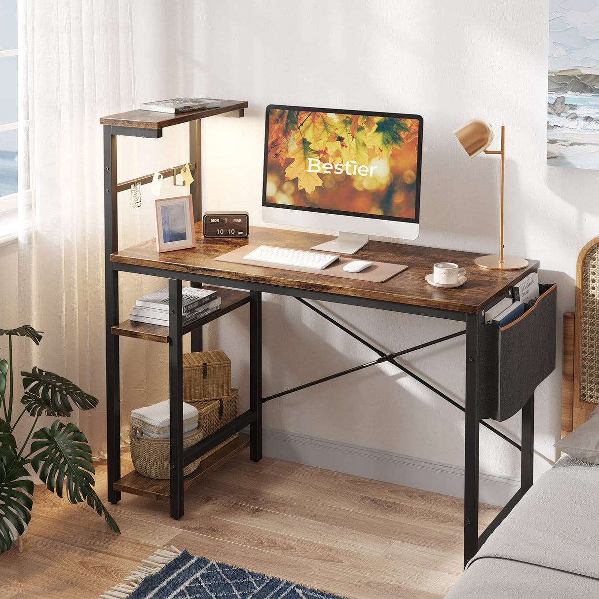 Bestier Computer Desk with LED Lights, Gaming Desk with 4 Tier Shelves, 44 Inch Office Desk with Storage Bag & Printer Shelf (Rustic Brown) Bestier