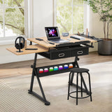 Athena Collection Drafting Table for Artists, Height Adjustable Drawing Table, Dual Desktop Art Desk Metal Frame Art Table Tiltable Craft Desk Paintings Work Station with Stool and Drawers, Natural Athena Collection