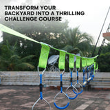 Flybold Obstacle Course for Kids - 40 Ft Ninja Warrior Slackline Kit with 8 Adjustable Obstacles - Tree Protectors, Twin Gear Ratchets, Carry Bag - Complete Outdoor Adventure Set flybold