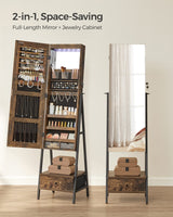 SONGMICS LED Cabinet Standing, Lockable Jewelry Armoire with Full-Length Mirror, Space-Saving Jewelry Organizer with Mirror, Bottom Drawer and Shelf, Gift Idea, Rustic Brown UJJC025X01 SONGMICS