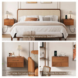JOINICE Floating Nightstand Set of 2 with Charging Station, Mid Century Modern Wood Wall Mounted Bedside Table with Storage Drawers & Fluted End Table for Bedroom, Home Small Space, Cherry, 2 PCS JOINICE
