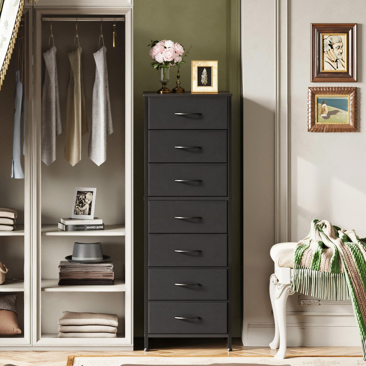 WLIVE Black Tall Dresser for Bedroom, 7 Drawer Dressers & Chests of Drawers, Fabric Dresser for Closet, Living Room, Night Stand with Metal Frame, Storage Tower with Fabric Bins, Wood Top WLIVE