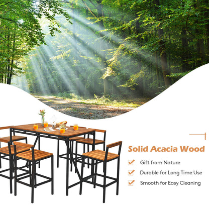 Tangkula 7-Piece Acacia Wood and Rattan Outdoor Bar Set with Umbrella Hole and Backrest Stools