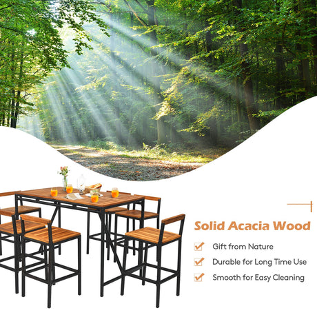 Tangkula 7-Piece Acacia Wood and Rattan Outdoor Bar Set with Umbrella Hole and Backrest Stools Tangkula