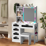 SumKea RGB LED Vanity Desk, Makeup Vanity Table with Mirror and Lights, Vanities Dressing Table with Drawers, Cushioned Stool, White SumKea