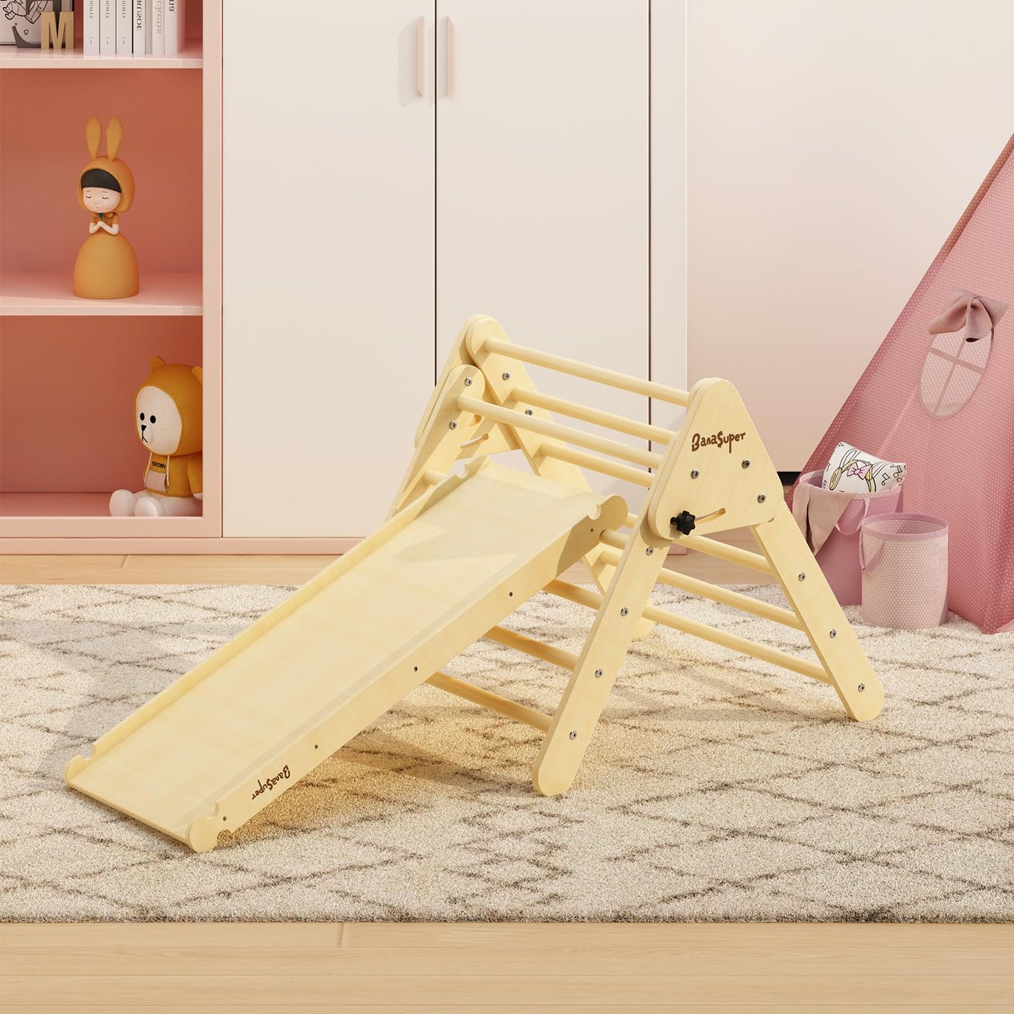 BanaSuper Foldable Pikler Triangle Climber with Ramp 2-in-1 Wooden Climbing Triangle Set with Ladder & Slide Montessori Climbing Toys for Toddler Kids Indoor Playground Play Gym Gift for Boys Girls