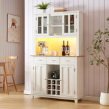 Brabrety Farmhouse 70'' Kitchen Pantry Storage Buffet Cabinet with LED Outlet,Tall Kitchen Hutch Cabinet with Wine Glass Racks and 3 Drawers,for Home Dining Room Living Room (White@Outlet) Brabrety