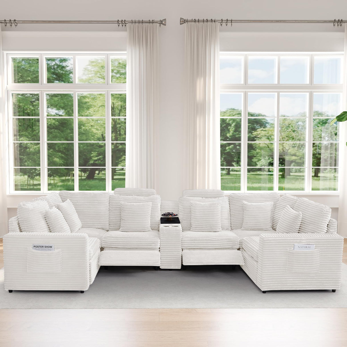 LEVNARY 6-Seat U Shaped Modular Sectional Sofa with Power Recliners, Faux Rabbit Fur Upholstery, Storage Console with Charging Ports & Cup Holders, Living Room Couch Set for Home Office (White) LEVNARY