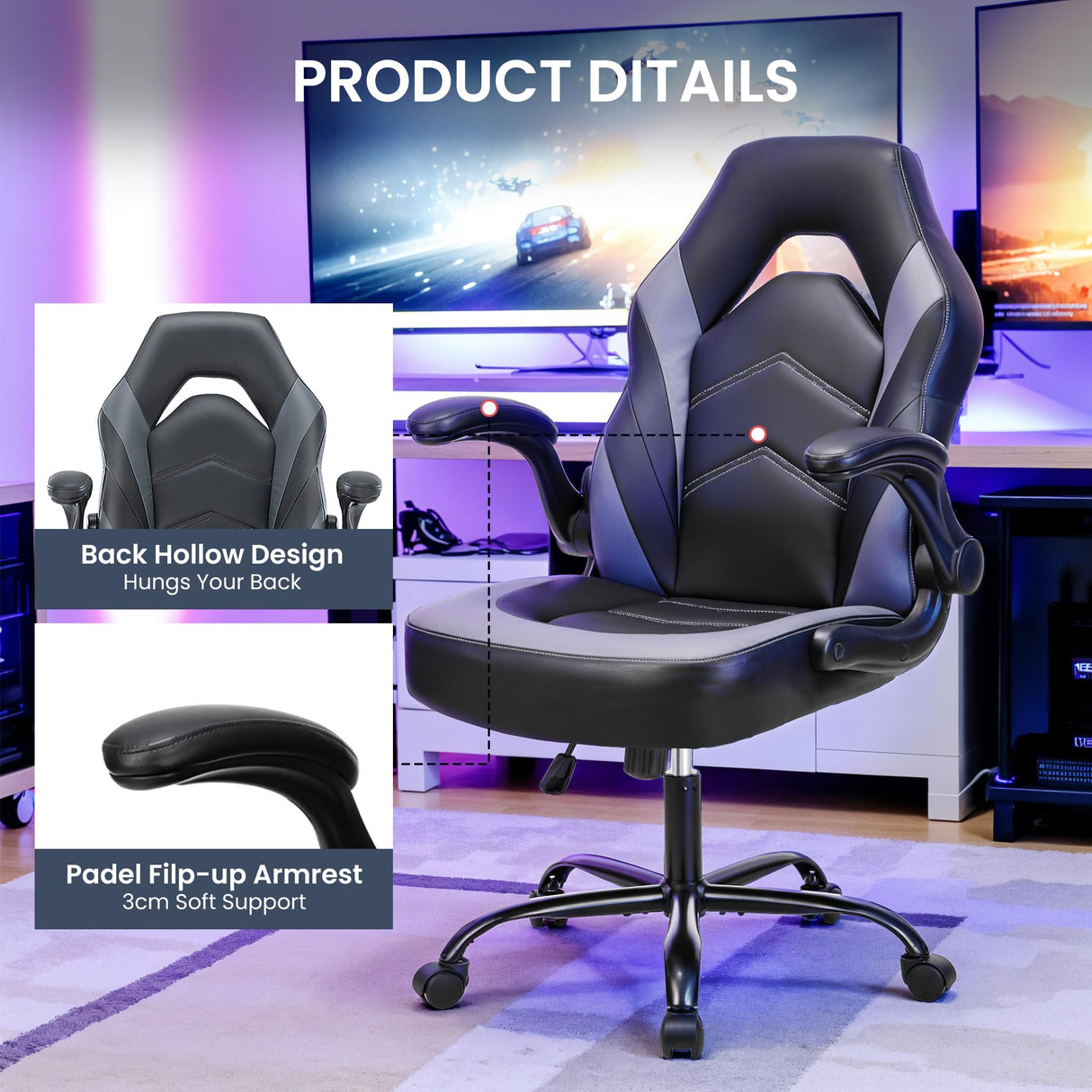Ergonomic Gaming Desk Chair - Adjustable PU Leather Swivel Racing Chair with Flip-up Armrests for Home Office and Entertainment, Perfect for Adults, Kids, and Gamers YSSOA