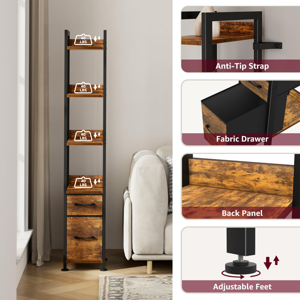 KLUVIS Skinny Bookshelf for Small Spaces - 5 Tier Thin Book Shelf with Storage Drawers Narrow Shelves Slim Bookshelves 2 Fabric Drawer 60 inch Tall, Farmhouse Brown (03BN) KLUVIS