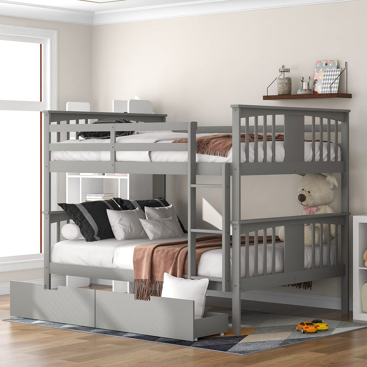 Merax Full Over Full Bunk Bed with Drawers, Convertible to Two Separate Beds, Solid Pine Wood Frame with Safety Guardrail & Headboard/Footboard, Sturdy Durable Design, No Box Spring Needed, Grey Merax