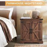 Barnyatoh Farmhouse End Table with Charging Station,24" Large Sofa Side Table with Barn Door, Rustic Wood Square Nightstand Bedside Table with Adjustable Storage Shelf for Living Room, Bedroom,Walnut Barnyatoh