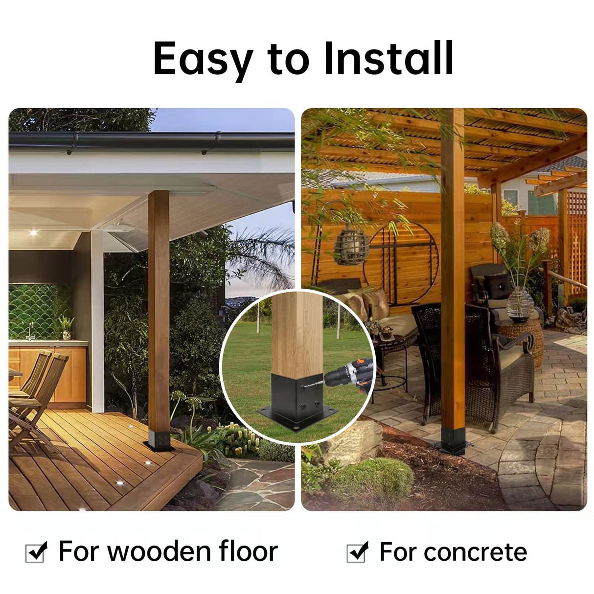 Grehitk 4×4 Post Base 4 Pcs,Deck Post Brackets,Inner Size 3.5"x3.5" Thick Steel Fence Post Anchor Base,Black Powder Coated Heavy Fence Post,for Supports Porch Railing Post Holders Pergola Brackets Grehitk