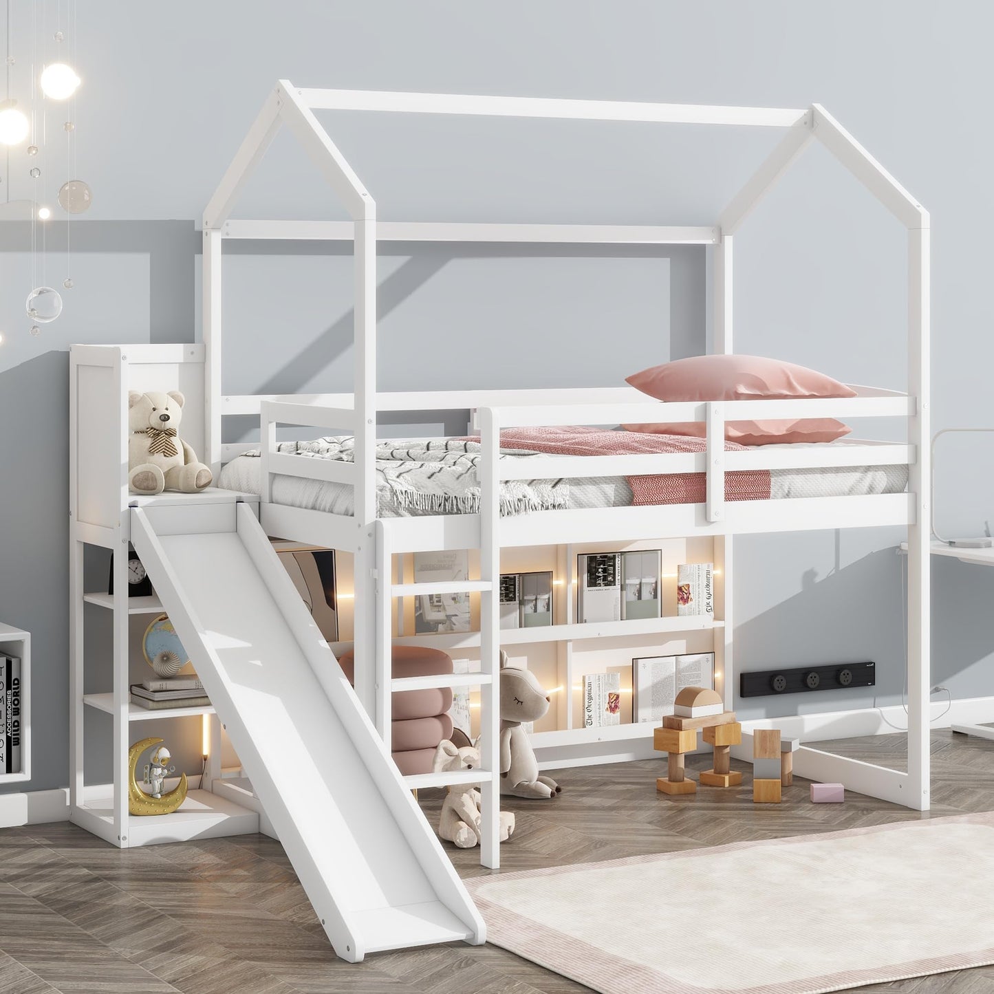 Merax White Twin Size House Loft Bed with Slide and Storage Shelves for Kids - WoodArtSupply