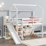 Bellemave Twin Loft Bed with Slide and Ladder, House Loft Bed for Kids, Wood Loft Bed, for Boys Girls, White with Storage Shelves and Light Bellemave