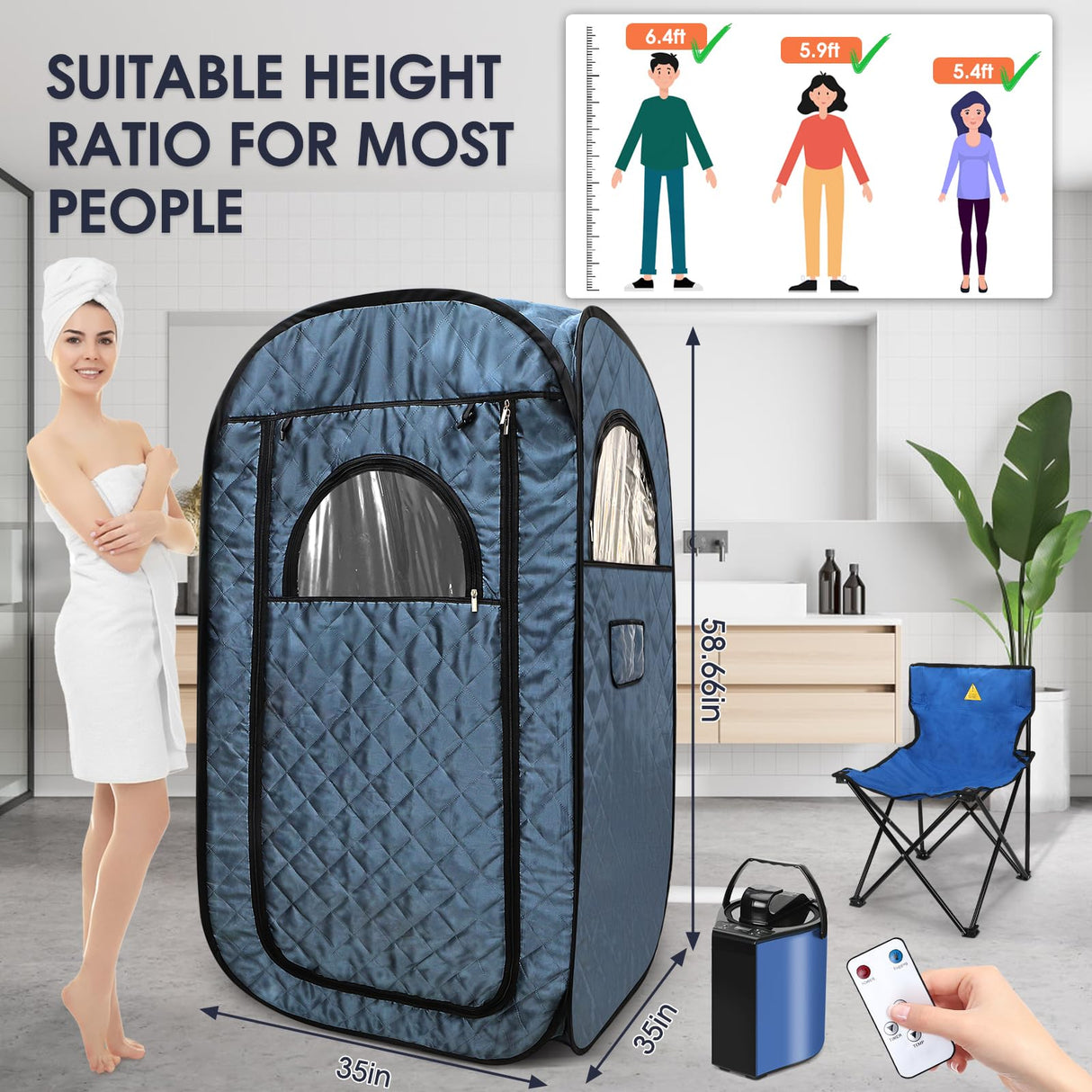 Portable Steam Sauna, Steam Saunas for Home, Personal Sauna for Home, Pop up Sauna Box Tent with 3 L Steamer, 9 Levels, UV Atomization,90 MinTimer, Remote Control, Folding Chair-Blue Sunakie