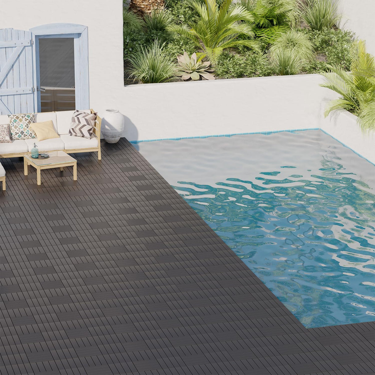 GOOFCXO 44 PCS Interlocking Deck Tiles, 12"x12" Plastic Outdoor Patio Flooring Boards 44 Sq.Ft. All Weather Use Patio Floor Decking Tiles Waterproof Non-Slip for Pool Porch Balcony Backyard GOOFCXO