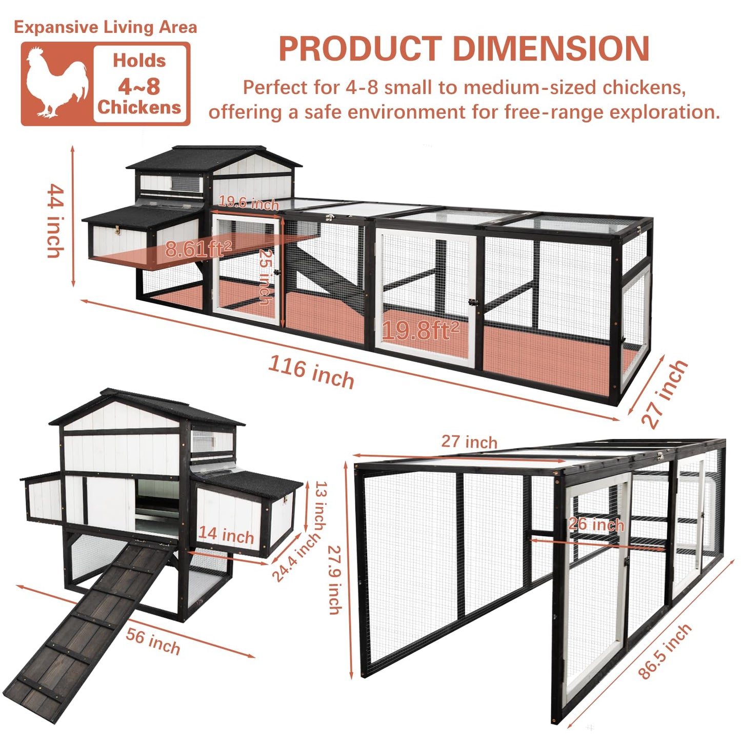 PetsCosset 116"L Extra Large Chicken Coop Wooden Hen House with Run 2 Story Poultry Cage Outdoor Indoor Chicken Houses for 4-8 Chickens 4 Nesting Boxes, 4 Perches, Removable Tray and Ramp, Co - WoodArtSupply