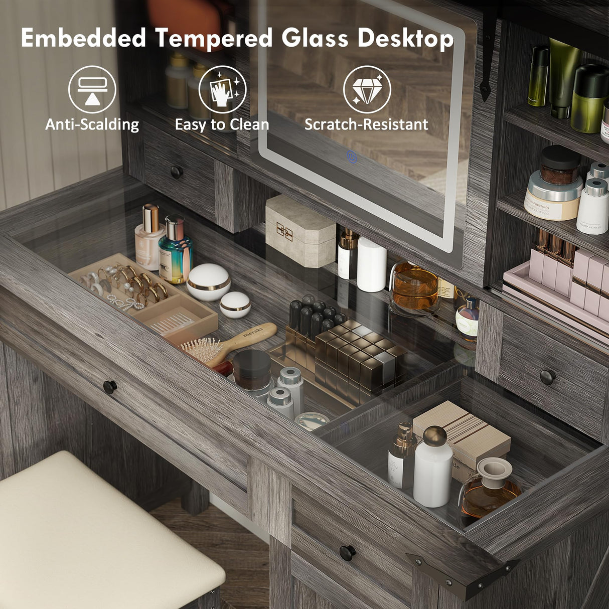 HOMCOM Farmhouse Vanity Desk with Mirror, LED Lights Makeup Vanity Table with 42 Inch Glass Tabletop, Cushioned Stool, Drawers & Shelves & Cabinet, Rustic Dressing Table Set for Bedroom, Gray HOMCOM