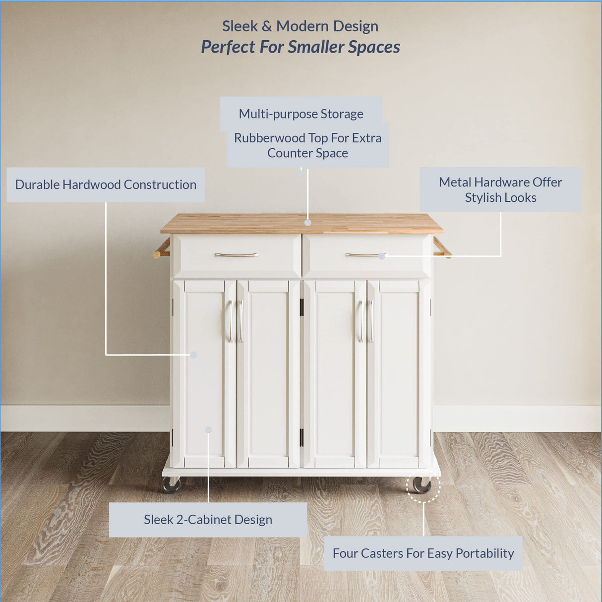 BELLEZE Rolling Kitchen Island Cart on Wheels with Storage Cabinet, Mobile Kitchen Cart Island Table with 2 Drawers Towel Racks Rubber Wood Top Coffee Bar for Dinning Room, 41.7”Lx18.5”Wx37”H, White BELLEZE