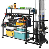 TC-HOMENY Large Fishing Rod Holders for Garage Fits for 12 Rods, 4-Tier Fishing Pole Rack Cart with Enlarged Shelves, Fishing Gear Tackle Organizer Storage Cart with Wheels for Garage, Outdoor, Black TC-HOMENY