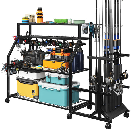 TC-HOMENY Large Fishing Rod Holders for Garage Fits for 12 Rods, 4-Tier Fishing Pole Rack Cart with Enlarged Shelves, Fishing Gear Tackle Organizer Storage Cart with Wheels for Garage, Outdoor, Black TC-HOMENY