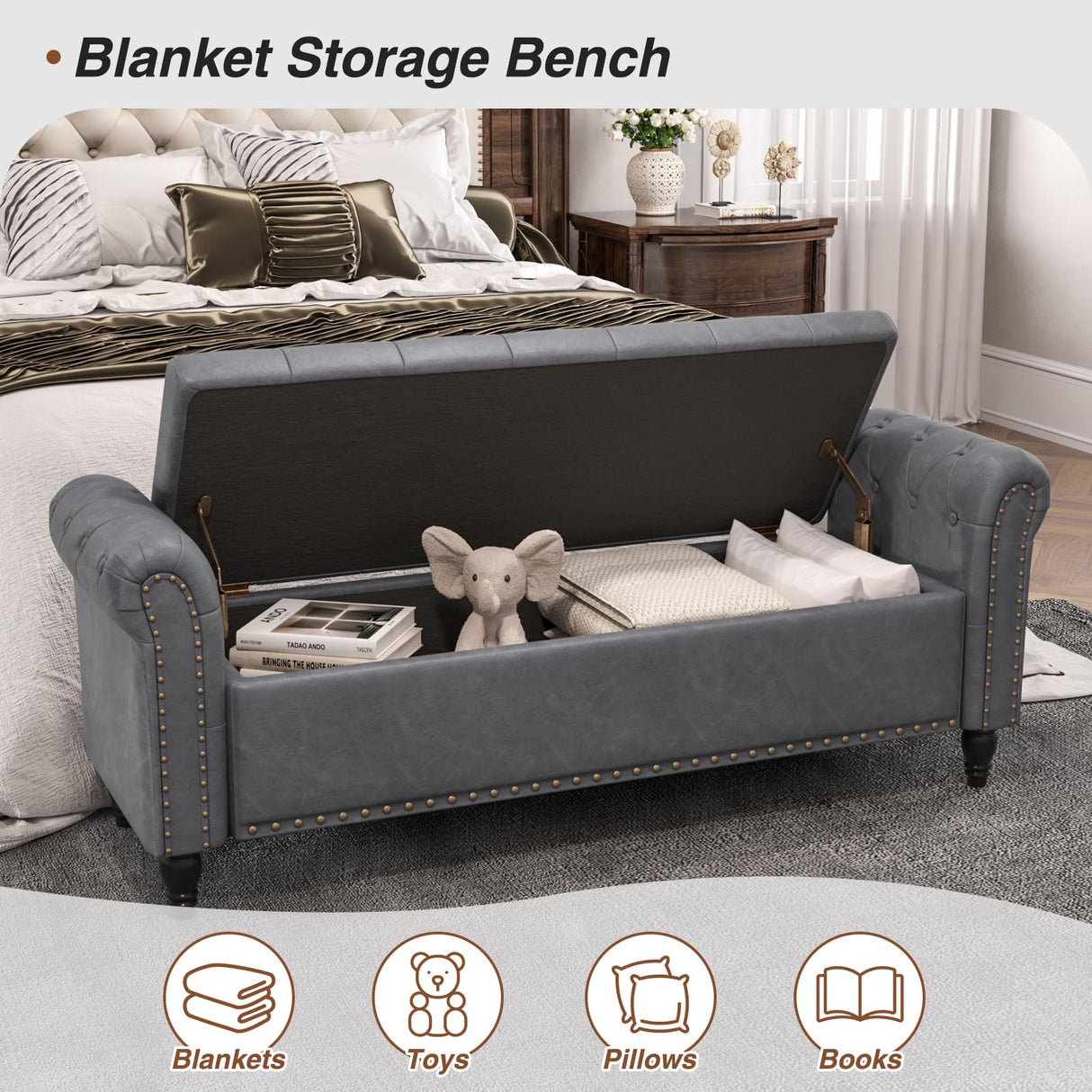 65 Inch Bedroom Bench, End of Bed Bench with Storage, Bed Benches for Foot of Bed, Faux Leather Window Bench with Tufted Button and Nailhead Trim, Upholstered Storage Bench with Rolled Arms, Gray FiveWillowise