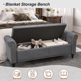65 Inch Bedroom Bench, End of Bed Bench with Storage, Bed Benches for Foot of Bed, Faux Leather Window Bench with Tufted Button and Nailhead Trim, Upholstered Storage Bench with Rolled Arms, Gray FiveWillowise