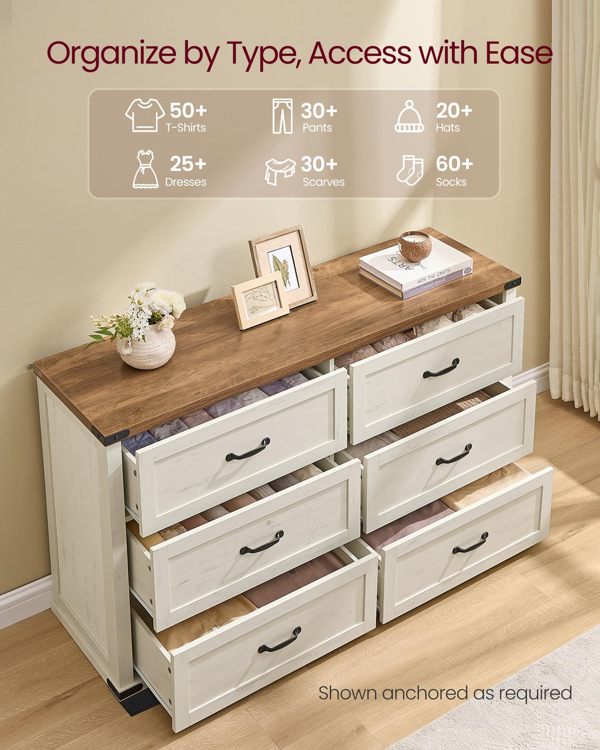 VASAGLE LIRY Collection - 6-Drawer Dresser for Bedroom, 54-Inch Wide Modern Farmhouse Chest of Drawers with Metal Handles, TV Stand, for Living Room, Entryway, Anti-Tipping, Rustic White ULTS661WJ01S VASAGLE