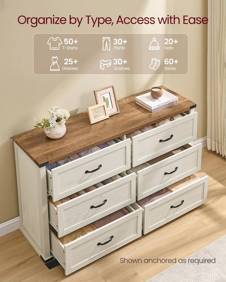 VASAGLE LIRY Collection - 6-Drawer Dresser for Bedroom, 54-Inch Wide Modern Farmhouse Chest of Drawers with Metal Handles, TV Stand, for Living Room, Entryway, Anti-Tipping, Rustic White ULTS661WJ01S VASAGLE
