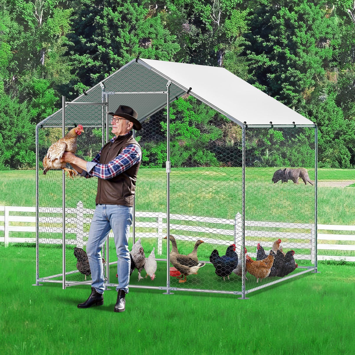 VEVOR Metal Chicken Coop, 6.56x6.56x6.56ft Walk in Chicken Runs for Yards with Cover, Spire Roof Hen House Enclosure with Security Lock, Outdoor Duck Rabbit Poultry Cage Pen for Backyard, Farm, Yard VEVOR