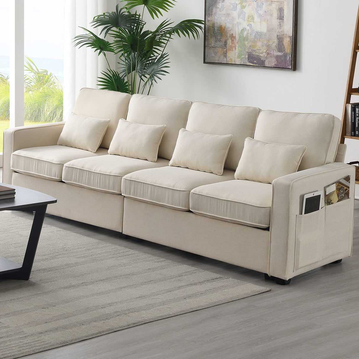 Harper & Bright Designs 104" 4-Seater Modern Linen Fabric Sofa with Armrest Pockets and 4 Pillows,Minimalist Style Couch for Living Room, Apartment, Office,3 Colors Harper & Bright Designs