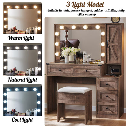 ACCOHOHO Farmhouse Vanity Desk with Mirror and Lights, 43" Wide Makeup Vanity with Glass Tabletop and Charging Station, Modern Vanity Table Set with Storage and Stool for Bedroom, Light Brown