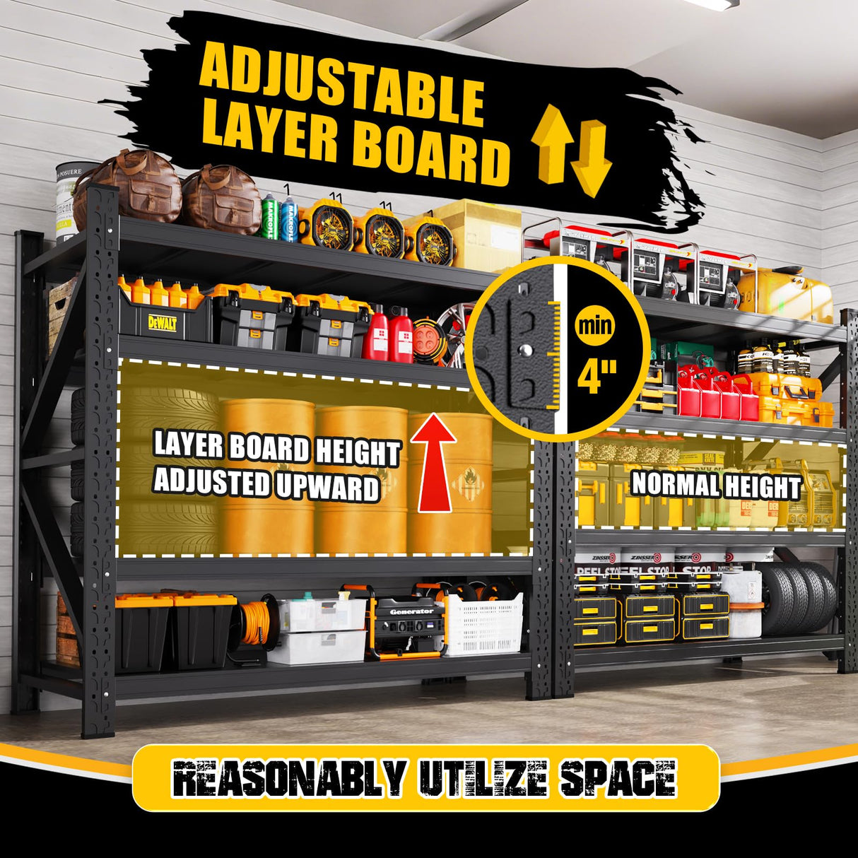 LBVSKK 7000LBS Heavy Duty Garage Shelving Units,70''W Garage Storage Shelves,Large Metal Shelf,4 Tier Adjustable Storage Rack | Industrial Shelving for Warehouse,Basement,Workshop,Shed,Black LBVSKK