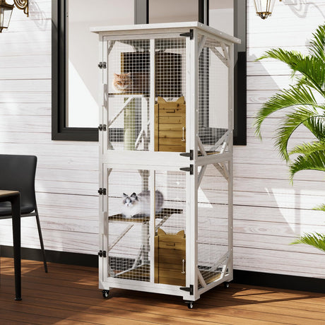 LEMBERI Cat House Catio Outdoor Enclosure Window, 71" Large Outside Patio Wooden Cat Cage with Wheels, Scratching Post, Waterproof Roof (White) LEMBERI