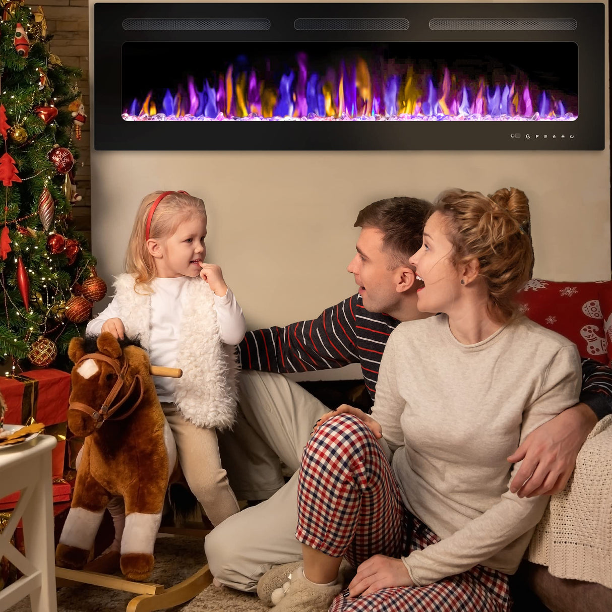 BETELNUT 68" Electric Fireplace Wall Mounted and Recessed with Remote Control, 750/1500W Ultra-Thin Wall Fireplace Heater W/Timer Adjustable Flame Color and Brightness, Log Set & Crystal Options BETELNUT