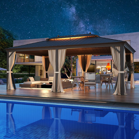 MELLCOM 14'x20' Hardtop Gazebo, Galvanized Steel Metal Double Roof Aluminum Gazebos with Curtain and Netting, Brown Permanent Pavilion Gazebo with Aluminum Frame for Patios, Gardens, Lawn MELLCOM