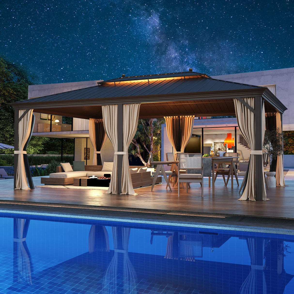 MELLCOM 14' x 20' Hardtop Gazebo,Galvanized Steel Metal Double Roof Aluminum Gazebo with Curtain and Netting,Brown Permanent Pavilion Gazebo with Aluminum Frame for Patios,Gardens,Lawns MELLCOM