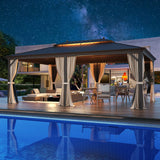 MELLCOM 14' x 20' Hardtop Gazebo,Galvanized Steel Metal Double Roof Aluminum Gazebo with Curtain and Netting,Brown Permanent Pavilion Gazebo with Aluminum Frame for Patios,Gardens,Lawns MELLCOM