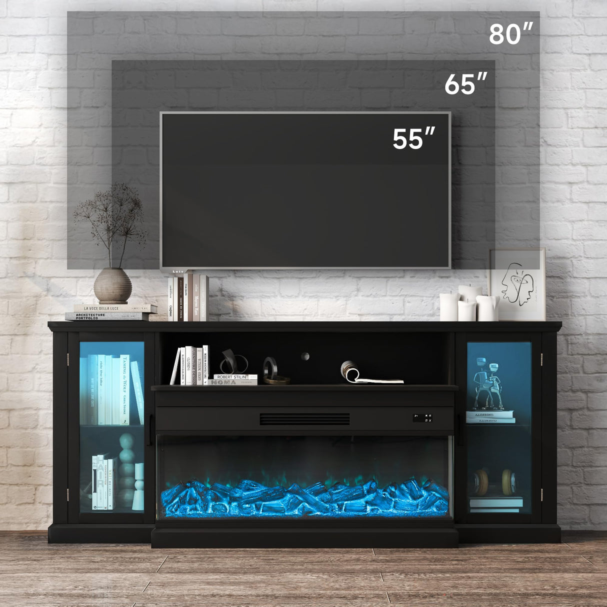 Real Relax Fireplace TV Stand for 80 Inch TV, 72.8" Entertainment Center with 40 inch 3-Sided Electric Fireplace & LED Lights for Living Room, Black Real Relax