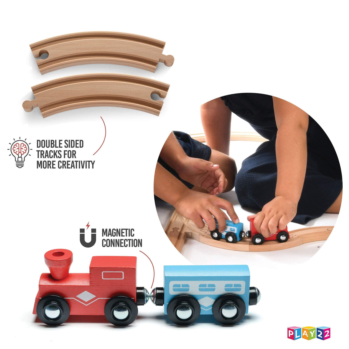Play22 Wooden Train Tracks - 52 PCS + 2 Bonus Car Toy Trains - for Kids is Compatible with Thomas Wooden Railway Systems and All Major Brands - Play22