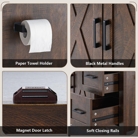 AMERLIFE 36" Farmhouse Bathroom Vanity with Sink Combo, Freestanding Small Single Wood Barn Door Bath Storage Cabinet Set with Sliding Drawers & Open Shelf, Paper Towel Holder, Rustic Brown AMERLIFE