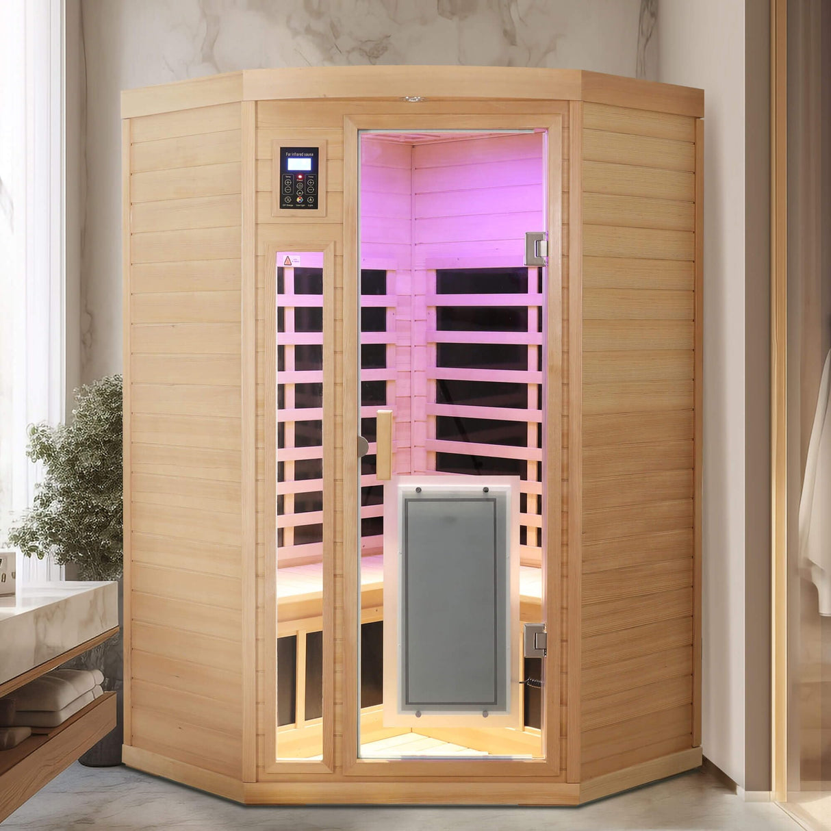 Xmatch Saunas 907B Far Infrared Sauna, Indoor Corner Space Wooden Dry Sauna Low EMF (Hemlock Wood, 2-3 Person Size 360 Envolved) Xmatch