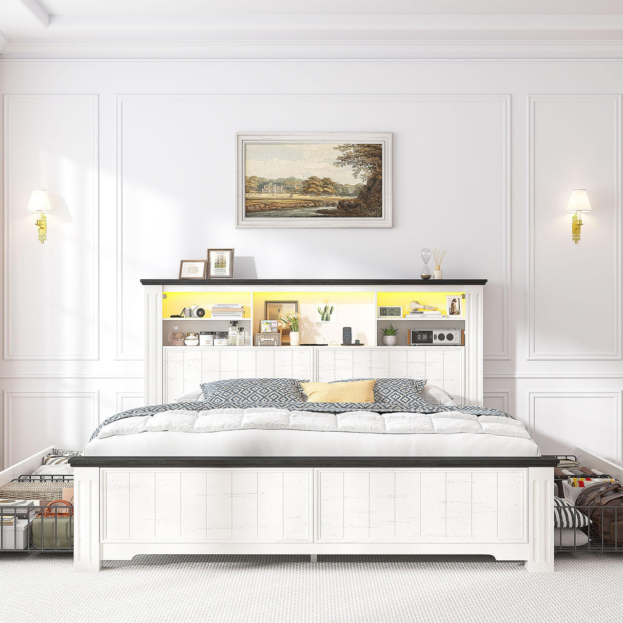 EnHomee Full Size Bed Frame with Headboard and Storage, 4 Drawers & LED & USB Full Bed Frame with Storage Farmhouse, Built in Charging Station,NO Noise,No Box Spring Needed,White EnHomee