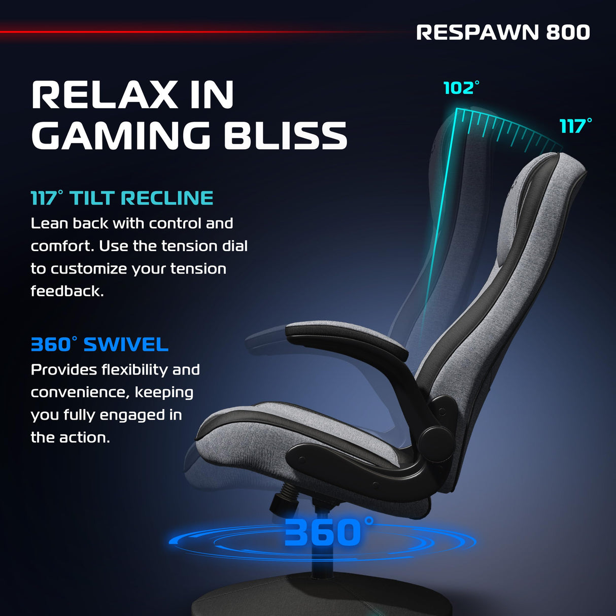 RESPAWN 800 Gaming Chair Floor, Swivel Rocker Gaming Chair, High Back Ergonomic Floor Gaming Chair for Kids and Adults, Gaming Recliner, Floor Rocker Chair with Armrests - Grey Fabric RESPAWN