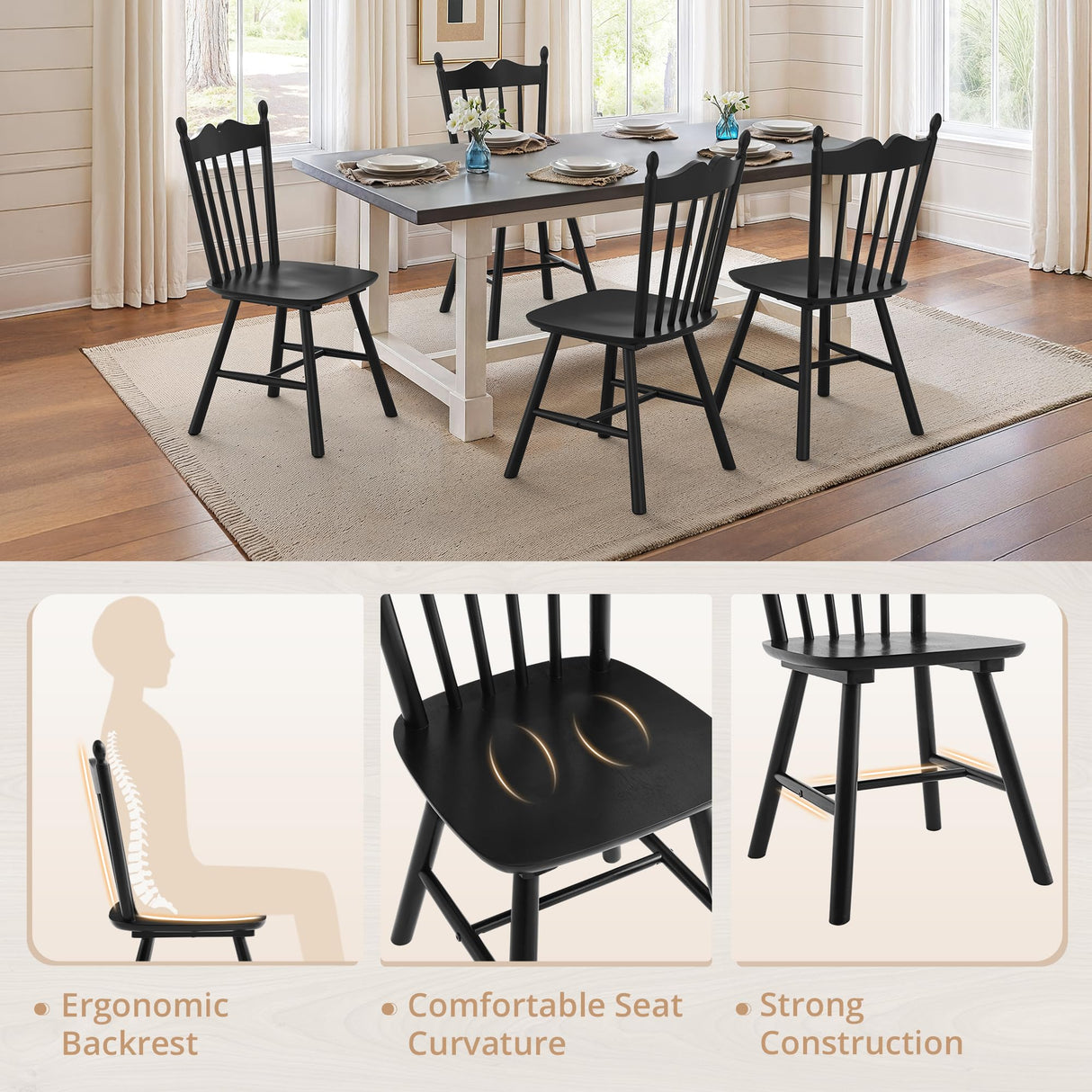LUE BONA Black Dining Chairs Set of 4, Windsor Wooden Dining Chair with Thickened Backrest, Morden and Mid Century Kitchen Chairs for Dining Room Farmhouse, Weight Capacity 350 lbs LUE BONA